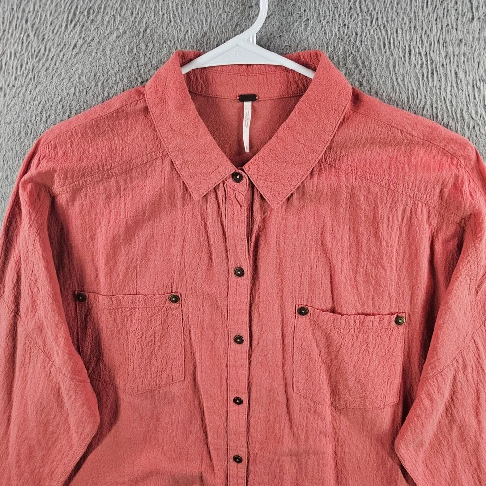 Free People‎ Womens Oversized Button Down Shirt Coral Textured Cotton Small